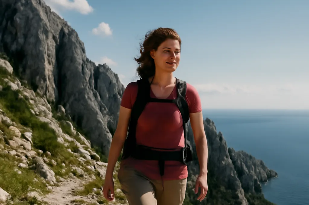 Randonneuse avec sac à dos sur un sentier rocheux du massif du Velebit surplombant l'Adriatique