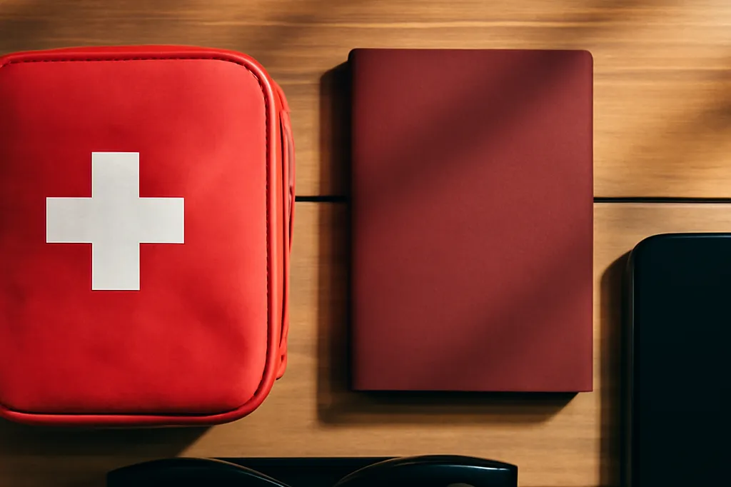 Trousse de premiers secours rouge posée à côté d'un passeport et d'un téléphone sur une table en bois, ambiance préparation voyage