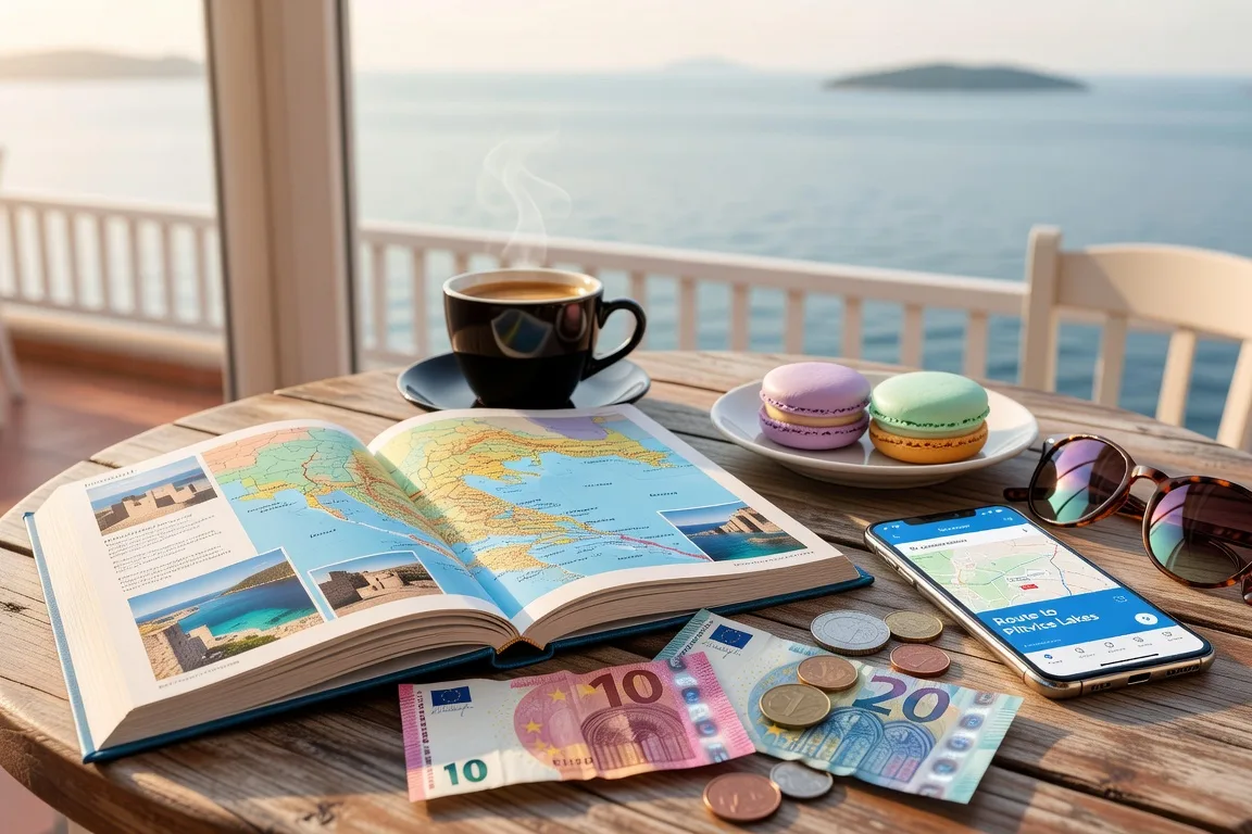 Scene de planification de voyage en Croatie avec guide et euros