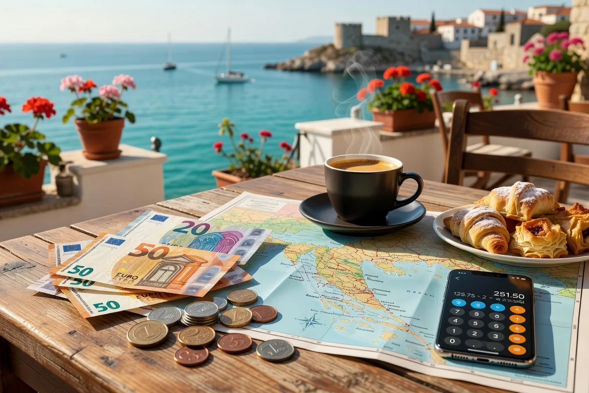 Monnaie euro et calculatrice sur une table de café en terrasse à Split