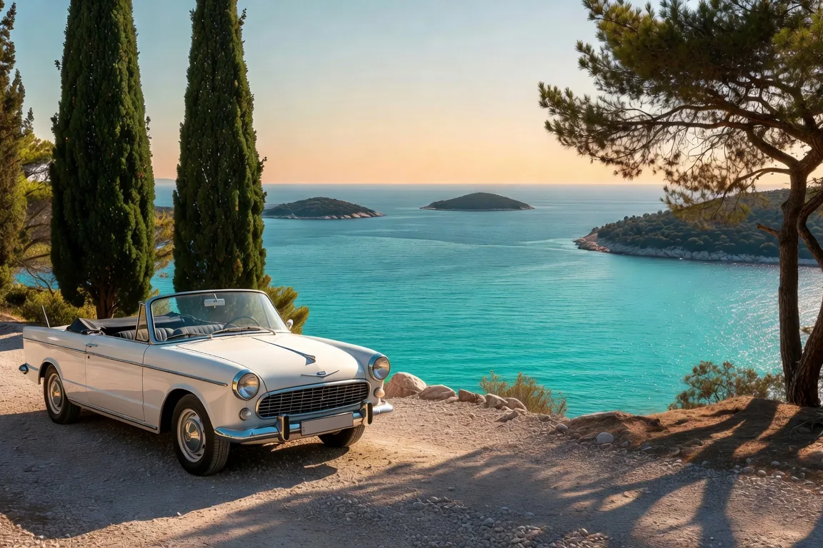 Voiture de location sur un belvedere panoramique sur l'Adriatique