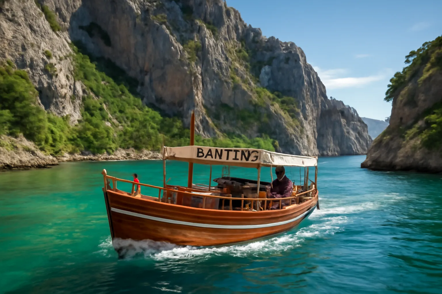 Bateau-taxi traditionnel en bois naviguant le long de la côte rocheuse dalmate près d’Omiš, eau turquoise et falaises calcaires