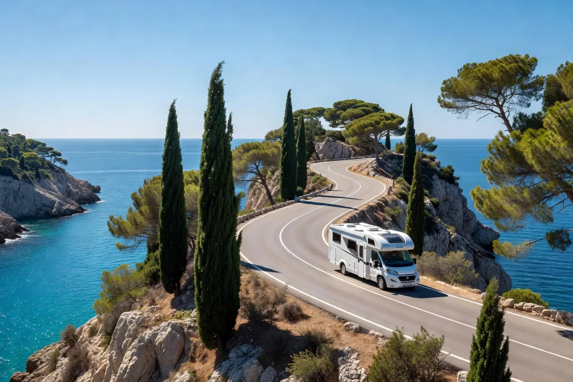 Camping-car sur une route panoramique de la côte adriatique croate entre mer et collines