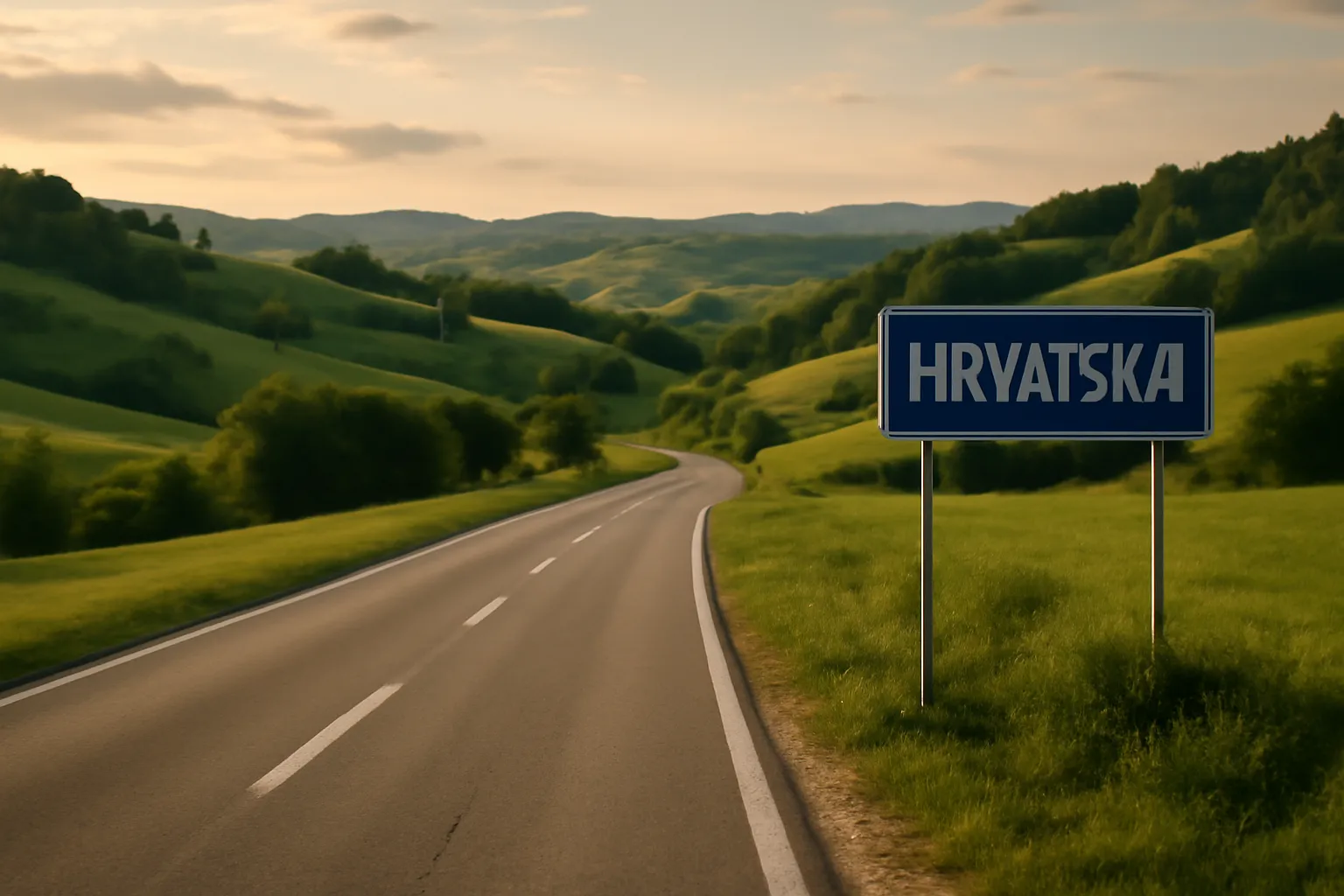 Route de campagne slovène menant vers la frontière croate, paysage vallonné verdoyant