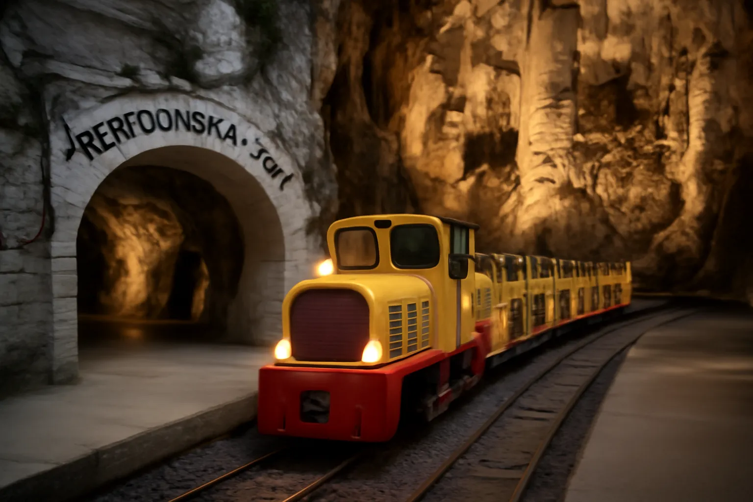 Entrée des grottes de Postojna en Slovénie avec son petit train touristique, formations karstiques éclairées