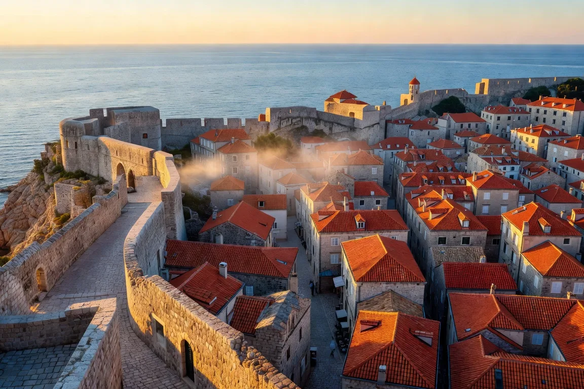 Remparts de Dubrovnik et toits rouges vus depuis le Fort Minčeta au lever du soleil