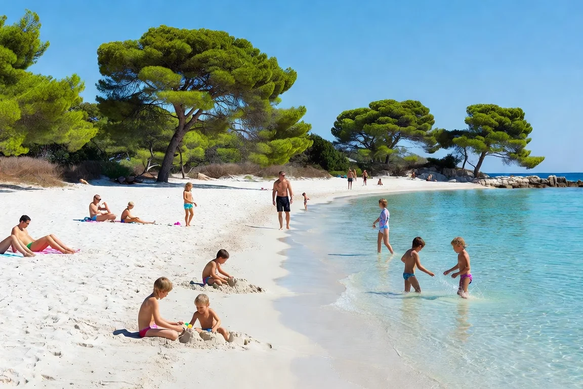 La plage de sable blanc de Sakarun sur Dugi Otok avec ses pins parasols et des baigneurs dans une eau turquoise peu profonde