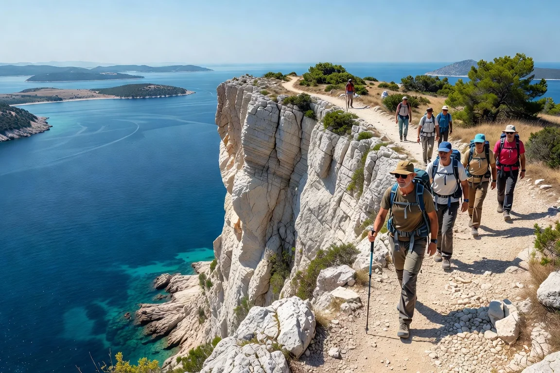 Randonneurs sur les falaises calcaires du parc naturel de Telašćica dominant la baie profonde de Dugi Otok