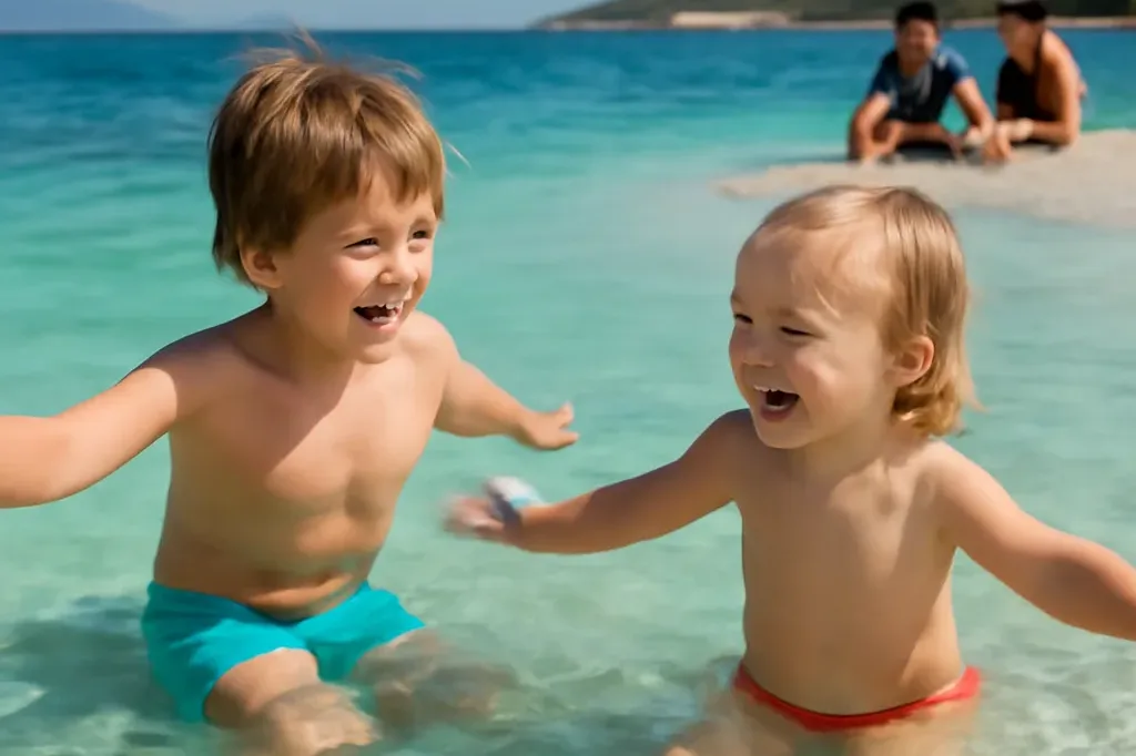 Famille avec enfants sur une plage de galets en Croatie, mer turquoise et soleil méditerranéen