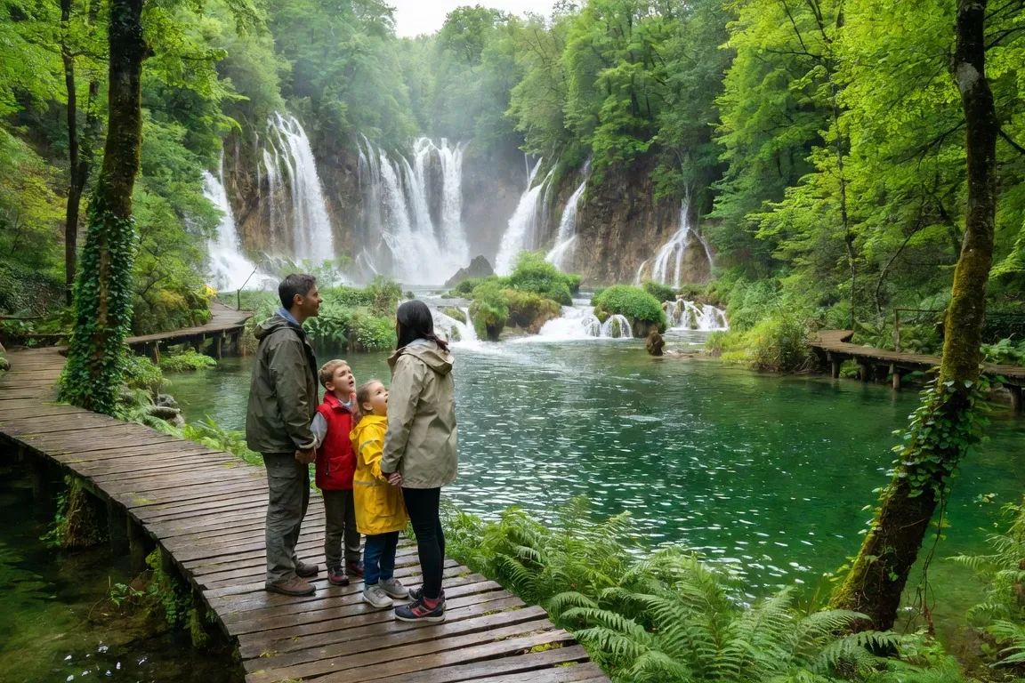 Famille avec enfants sur les passerelles en bois de Plitvice, cascades et lacs émeraude