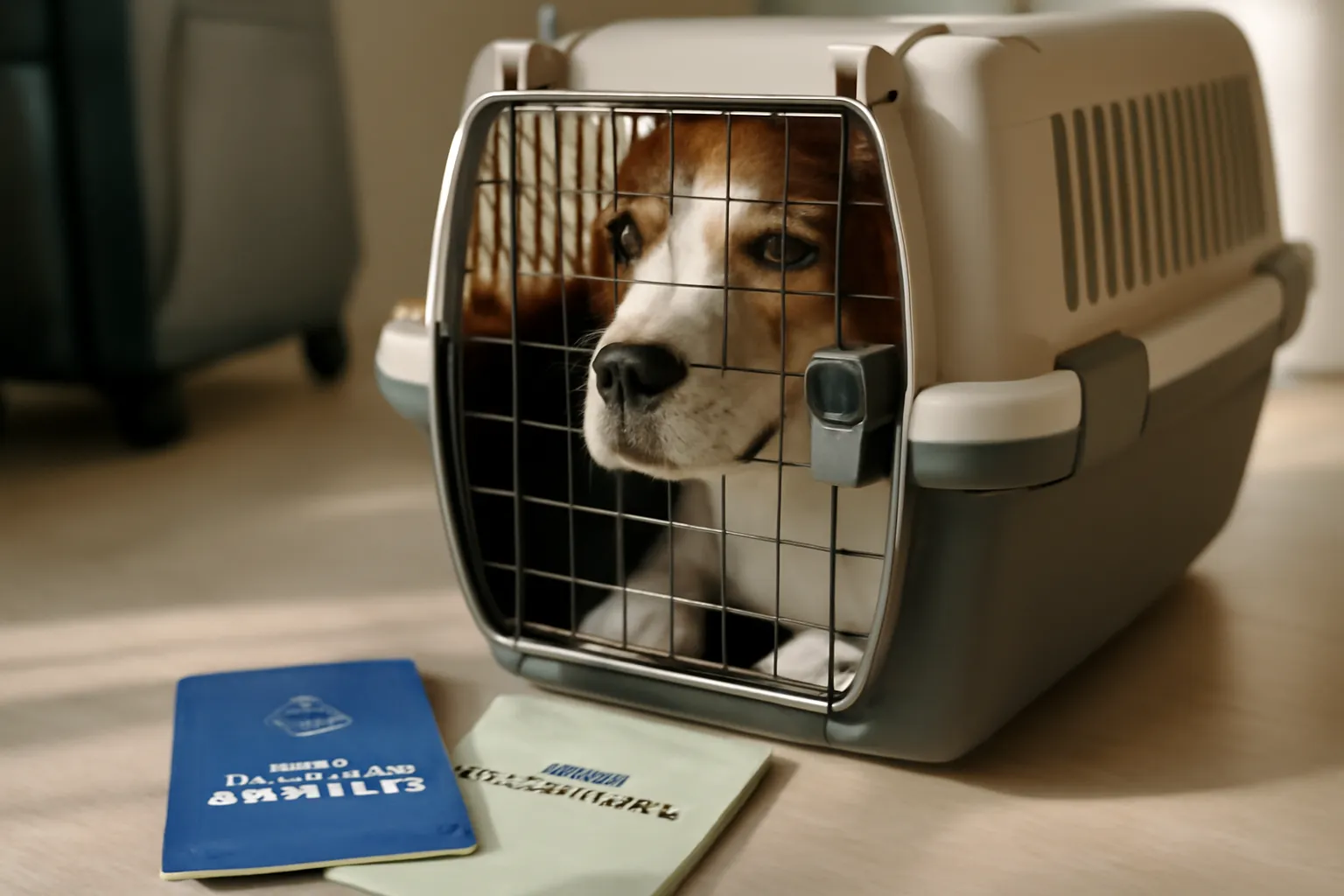 Chien dans une cage de transport pour voyage avec carnet de vaccination et passeport pour animaux visible