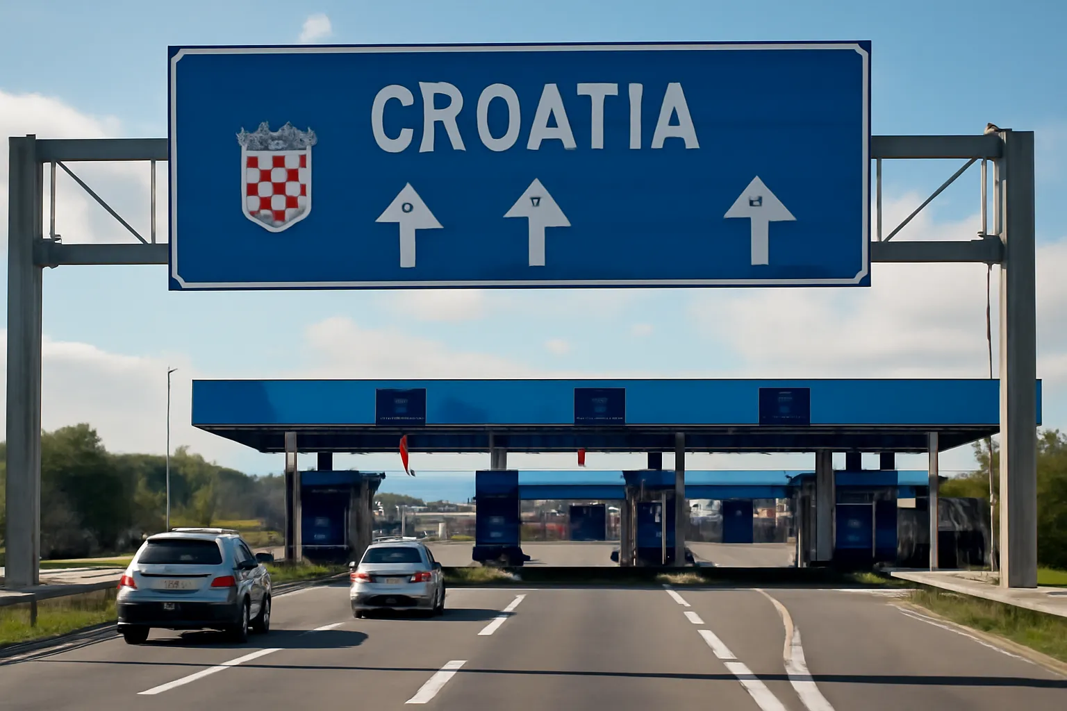 Poste-frontière routier en Croatie avec panneau de signalisation directionnel, ambiance route de voyage