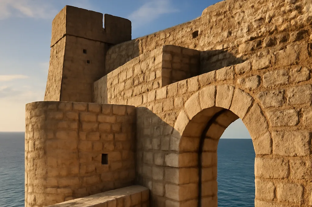Remparts de pierre de la forteresse Fortica à Hvar avec vue plongeante sur le port et la vieille ville