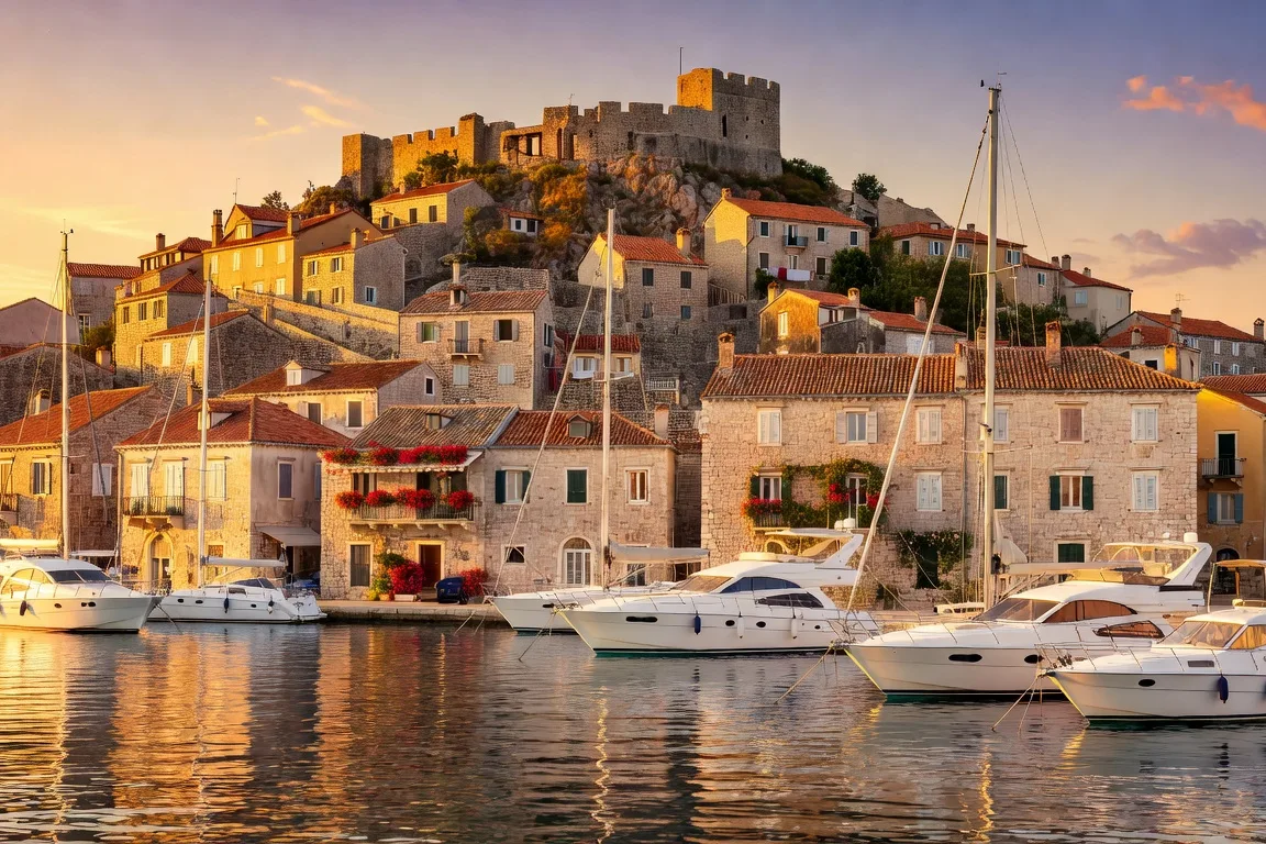 Port de Hvar au crepuscule avec forteresse Spanjola en arriere-plan