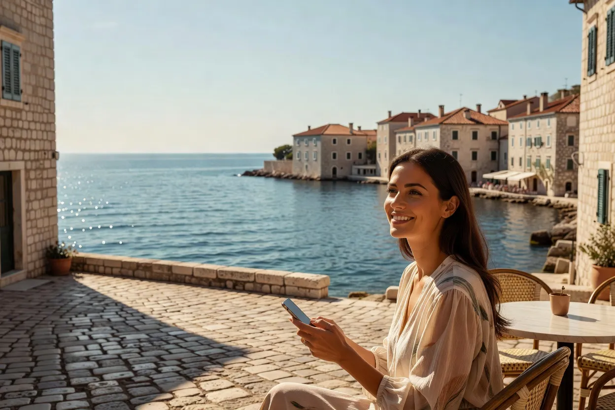 Voyageuse souriante assise à une terrasse de café face à la mer Adriatique, smartphone à la main, ruelle pavée d'une ville côtière croate