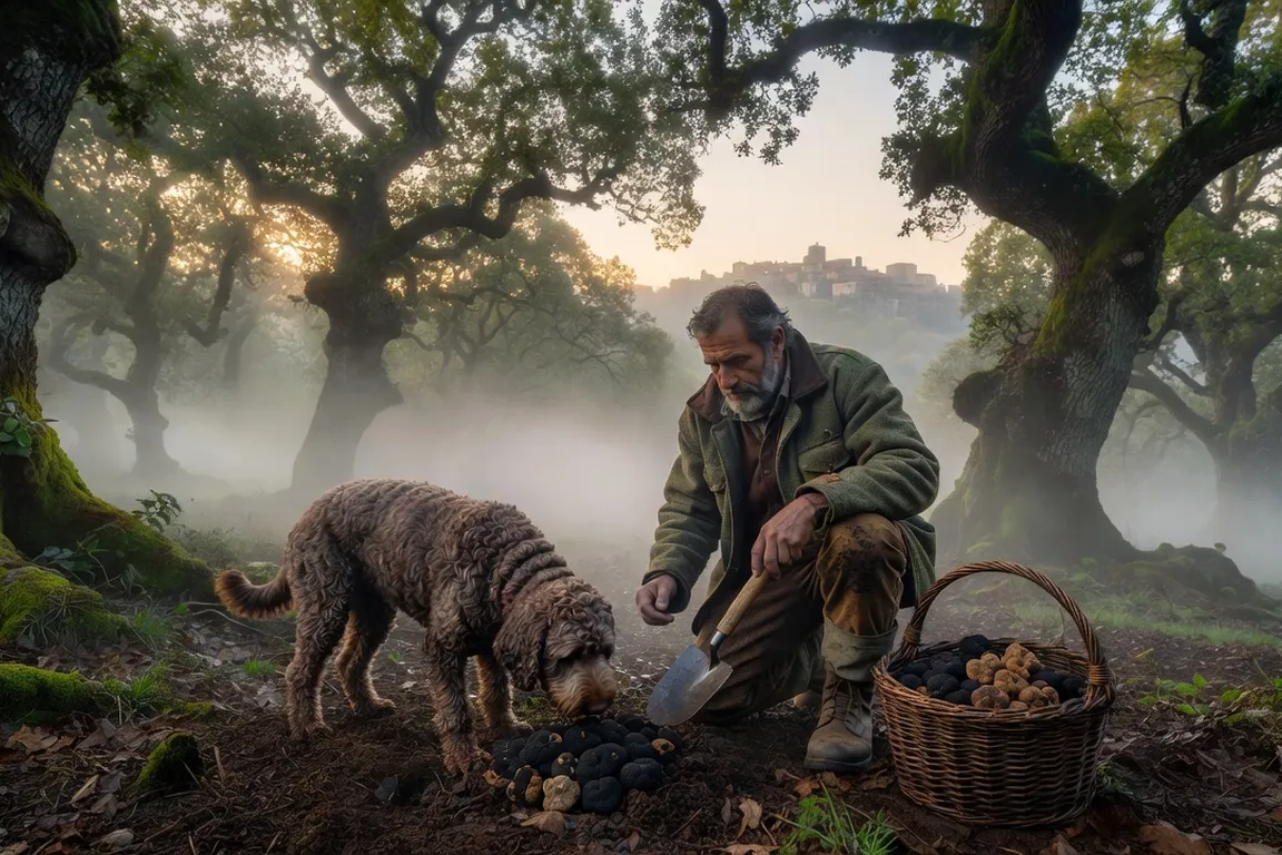 Chasseur de truffes avec son chien dans une forêt de chênes près de Motovun en Istrie