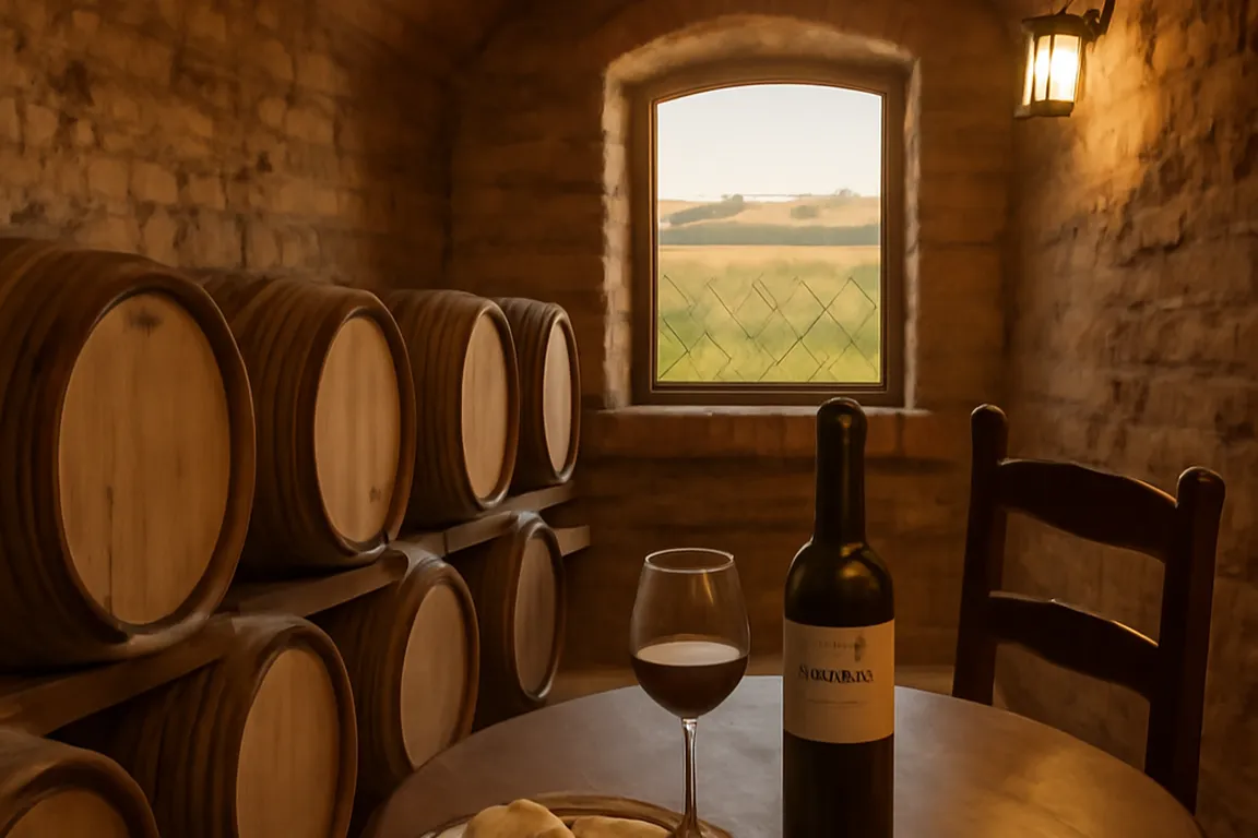 Cave à vin traditionnelle d’Istrie avec fûts de chêne et dégustation de vin rouge Teran