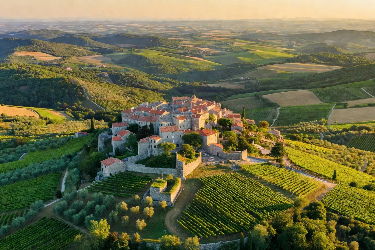 Collines de l'Istrie intérieure avec village médiéval perché et vignobles au premier plan