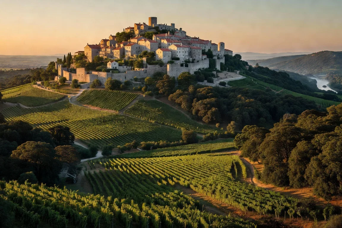 Village medieval de Motovun perche sur sa colline entouree de vignobles