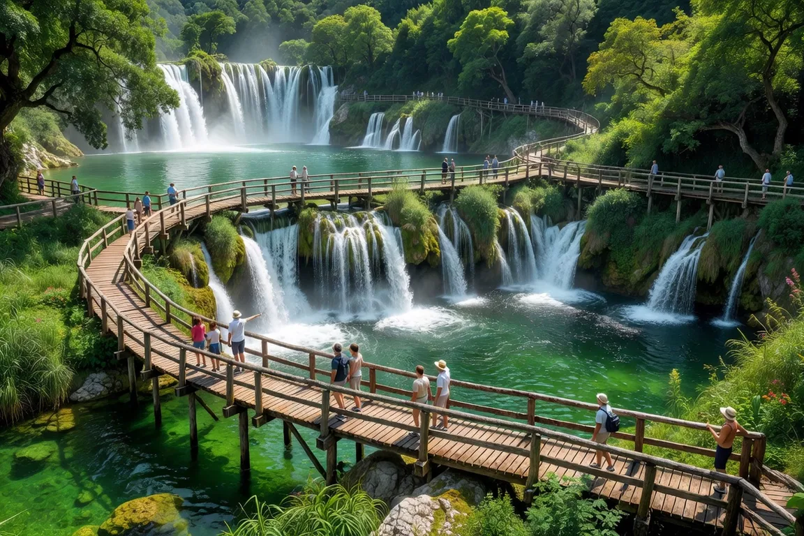 Cascade Skradinski buk du parc national de Krka avec ses chutes en escalier et sa passerelle en bois