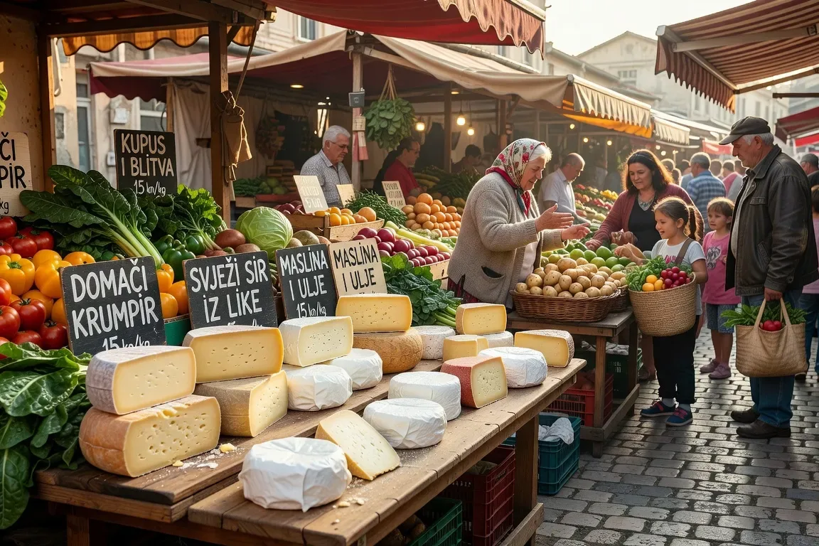 Marché local croate animé, étals de légumes et fromages locaux
