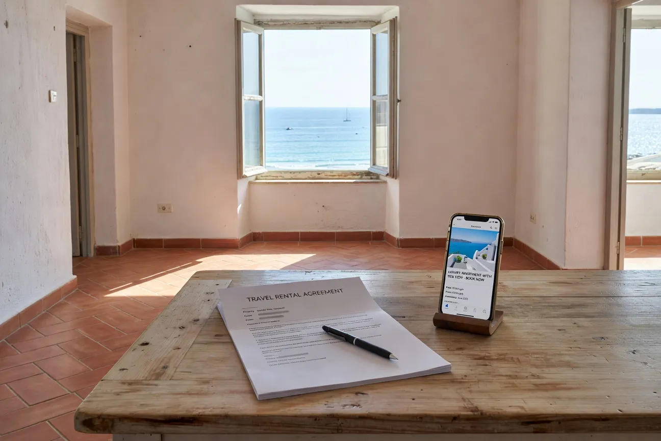 Contrat de location manuscrit sur table avec téléphone et passeport en Croatie