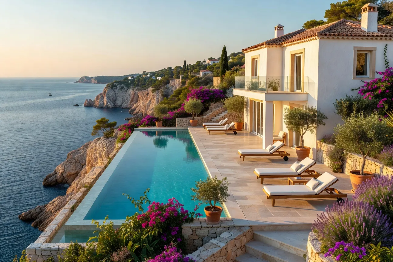 Villa avec piscine à débordement vue sur la mer Adriatique côte dalmate Croatie