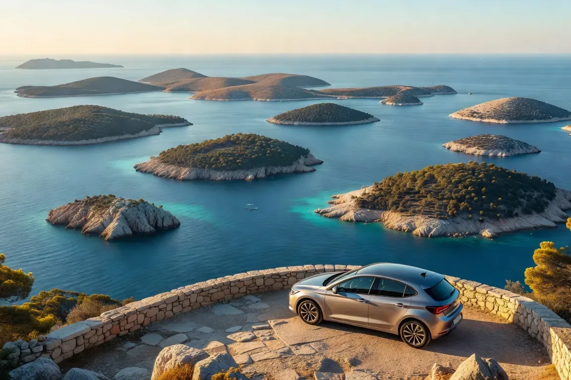 Voiture compacte garée sur un belvédère avec vue panoramique sur la côte dalmate et ses îles