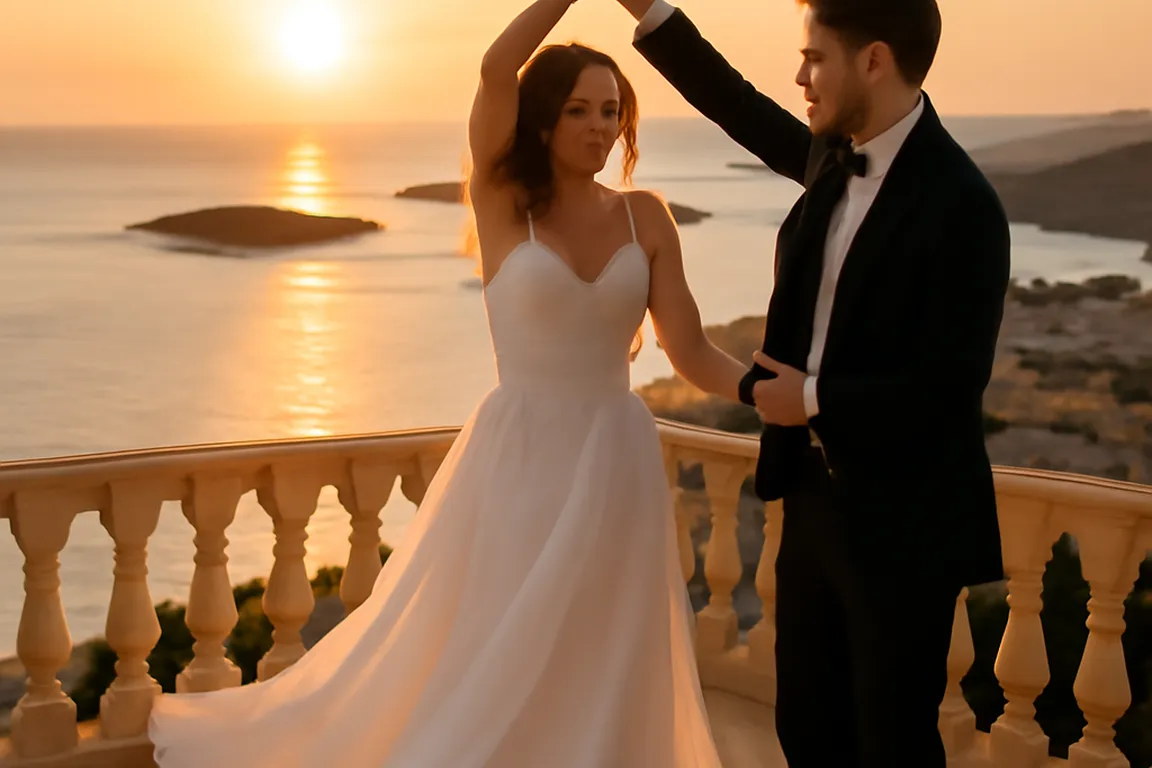 Couple de jeunes mariés dansant sur une terrasse dominant la mer Adriatique à Hvar au coucher du soleil
