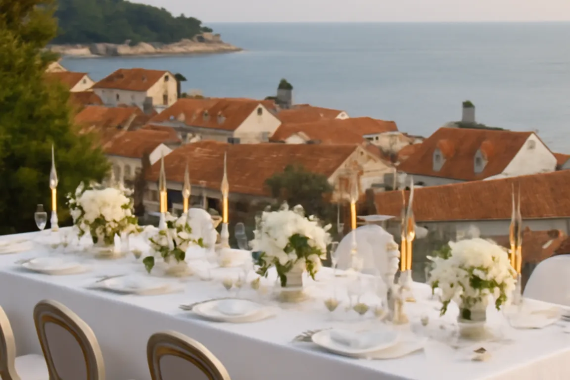 Table de réception de mariage dressée en extérieur en Dalmatie avec vue sur la mer