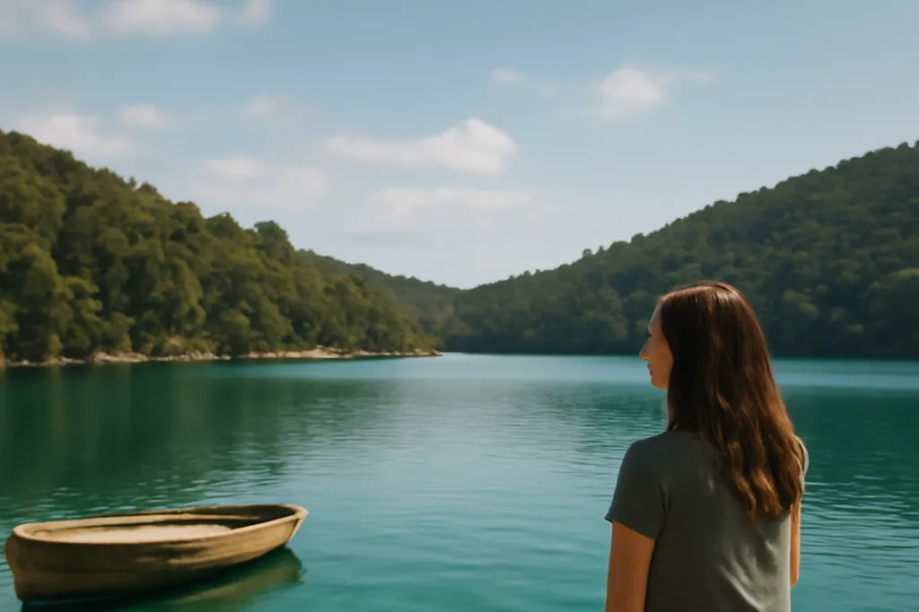 Lac salé Veliko Jezero du parc national de Mljet avec eau émeraude et pinède environnante