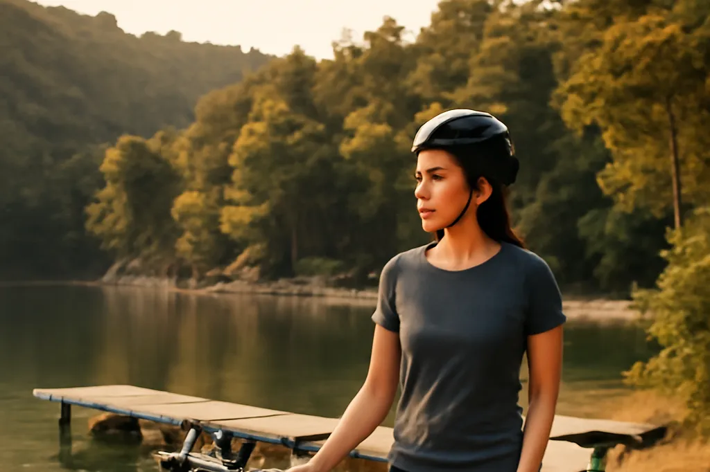 Cycliste équipée d'un casque près d'un embarcadère en bois sur les rives du lac de Mljet, ambiance nature préservée