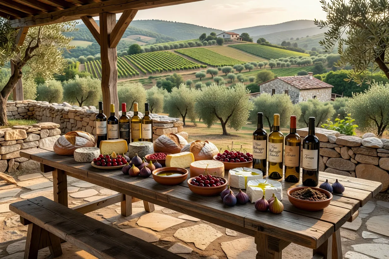 Ferme agrotourisme croate typique en Istrie, table dressée en extérieur avec produits fermiers locaux