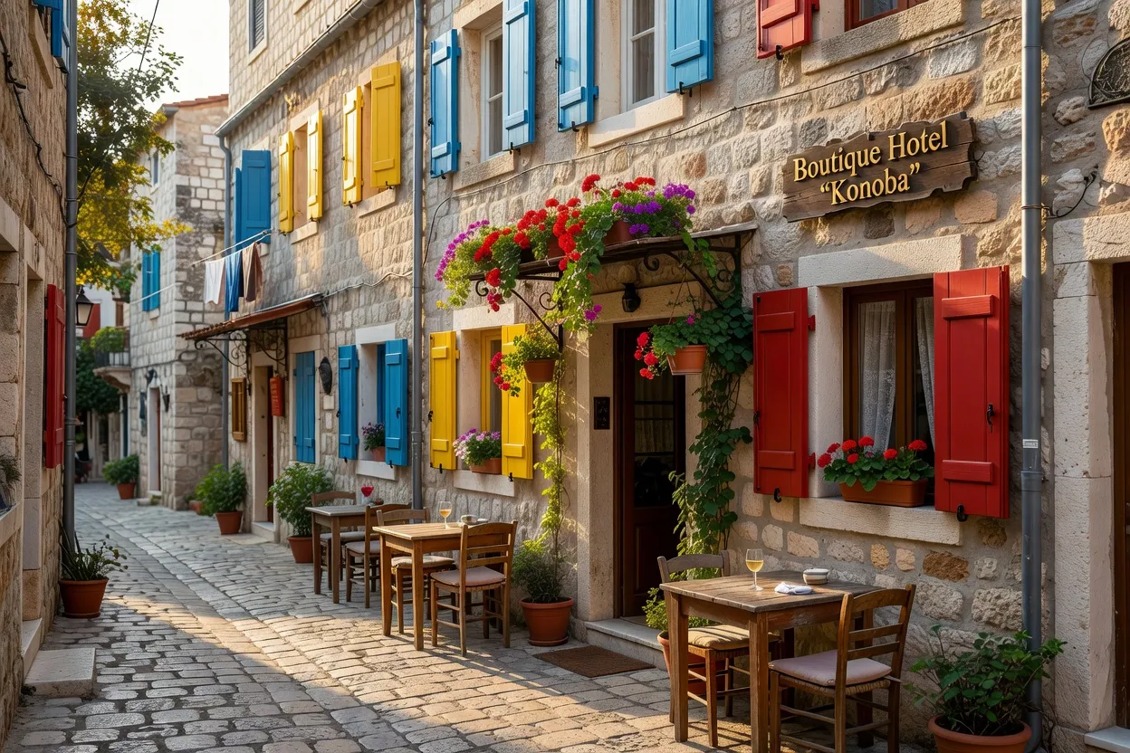 Hôtel boutique dans une ruelle de vieille ville dalmate, façade en pierre et volets colorés