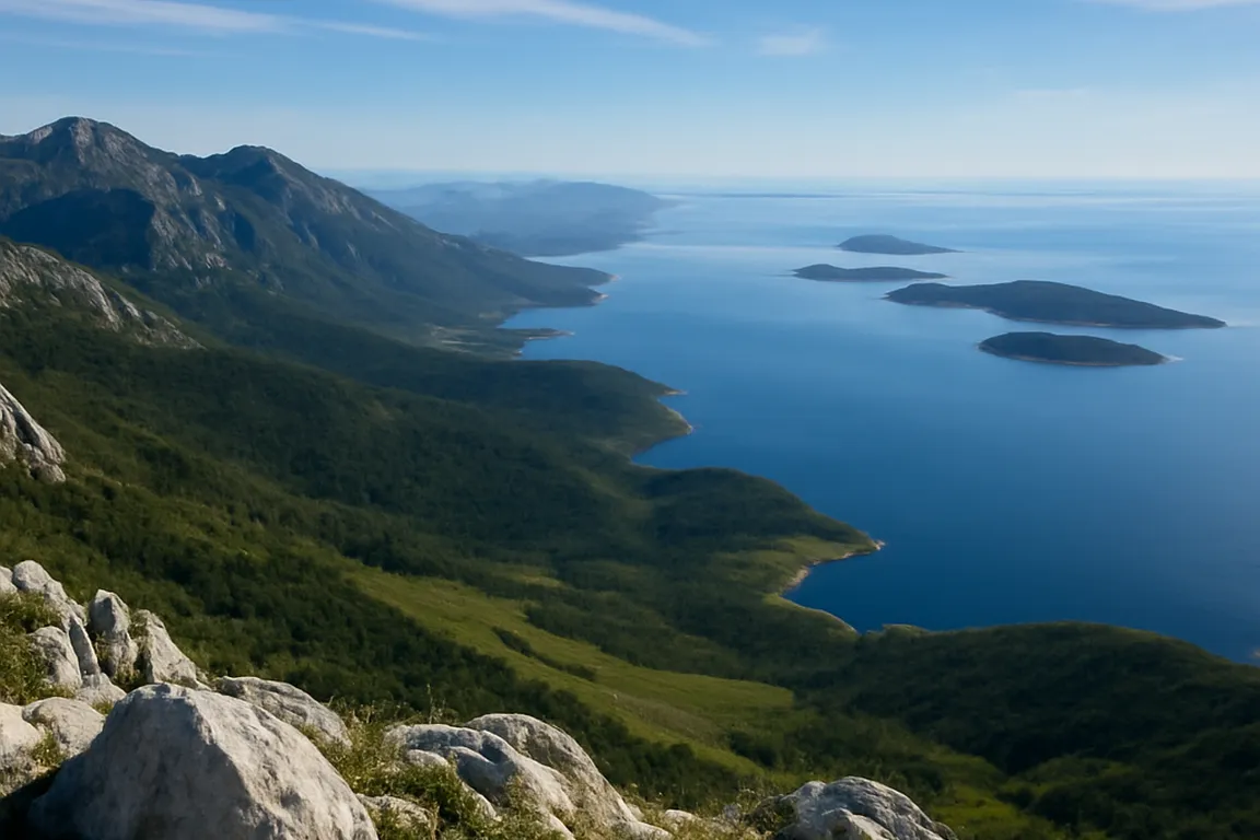 Vue panoramique depuis un sommet du massif du Velebit surplombant l’Adriatique