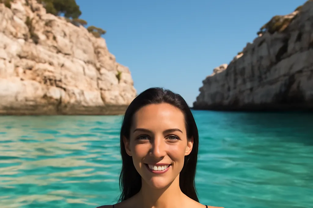 Voyageuse se baignant dans une crique turquoise entourée de falaises calcaires blanches, île de l'archipel des Kornati