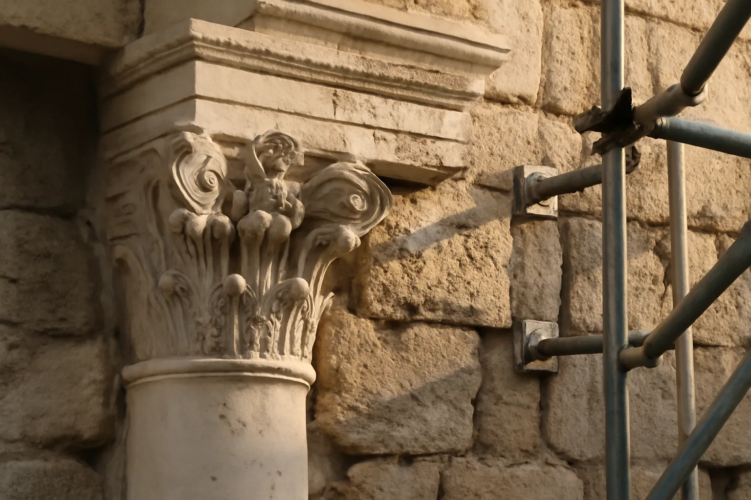 Détail architectural du palais de Dioclétien à Split, pierre en cours de restauration