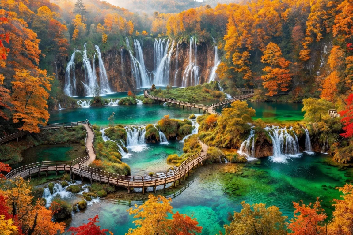 Cascades et lacs turquoise du parc national de Plitvice en automne