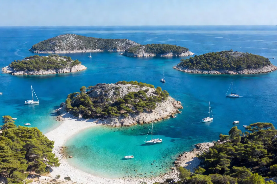 Vue aérienne de plusieurs îles croates dans la mer Adriatique turquoise avec voiliers