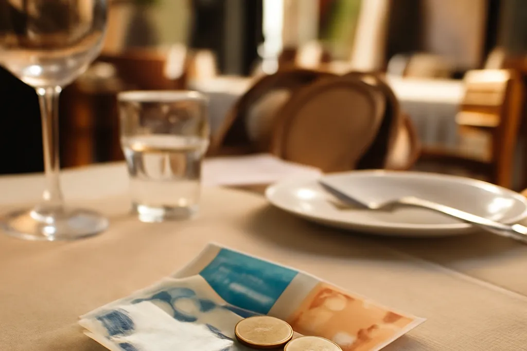 Petites pièces et billets en euros posés sur une addition de restaurant croate, cadre méditerranéen