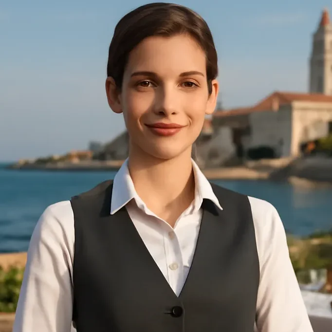 Marta, responsable d'accueil touristique en Croatie, souriante derrière un comptoir d'office de tourisme
