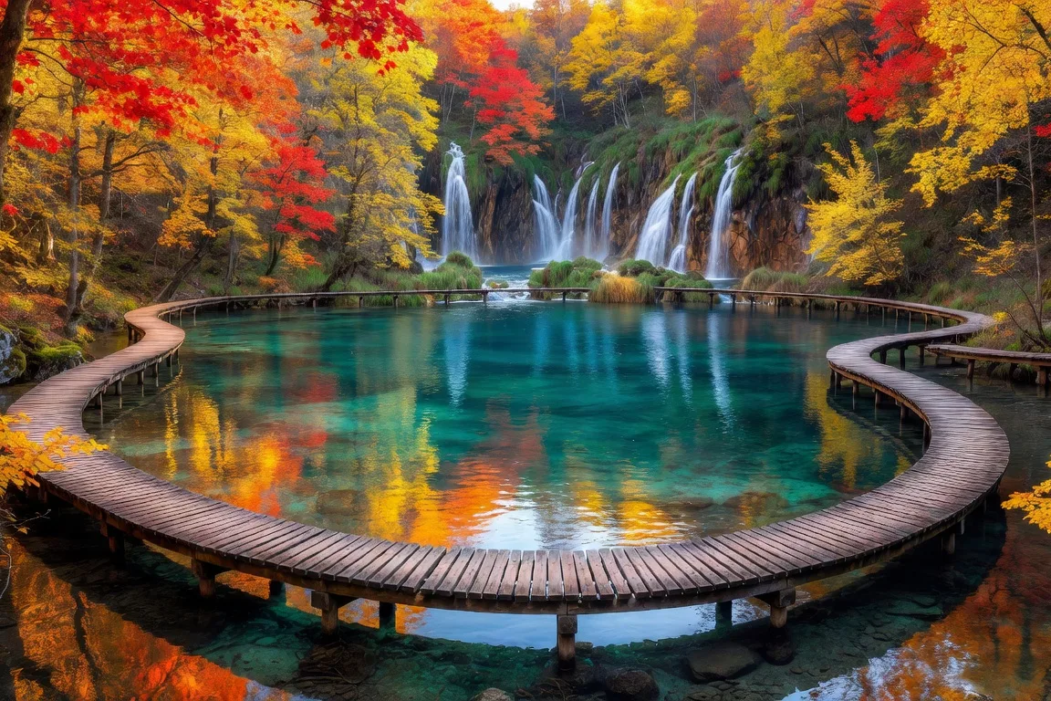 Parc de Plitvice en automne avec feuillages rouges reflets dans l'eau
