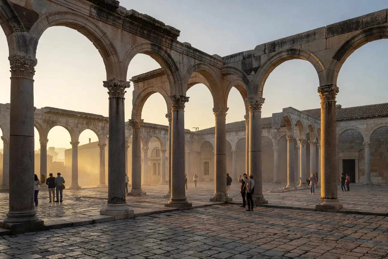 Palais de Dioclétien à Split vu depuis la place Peristyle au lever du soleil