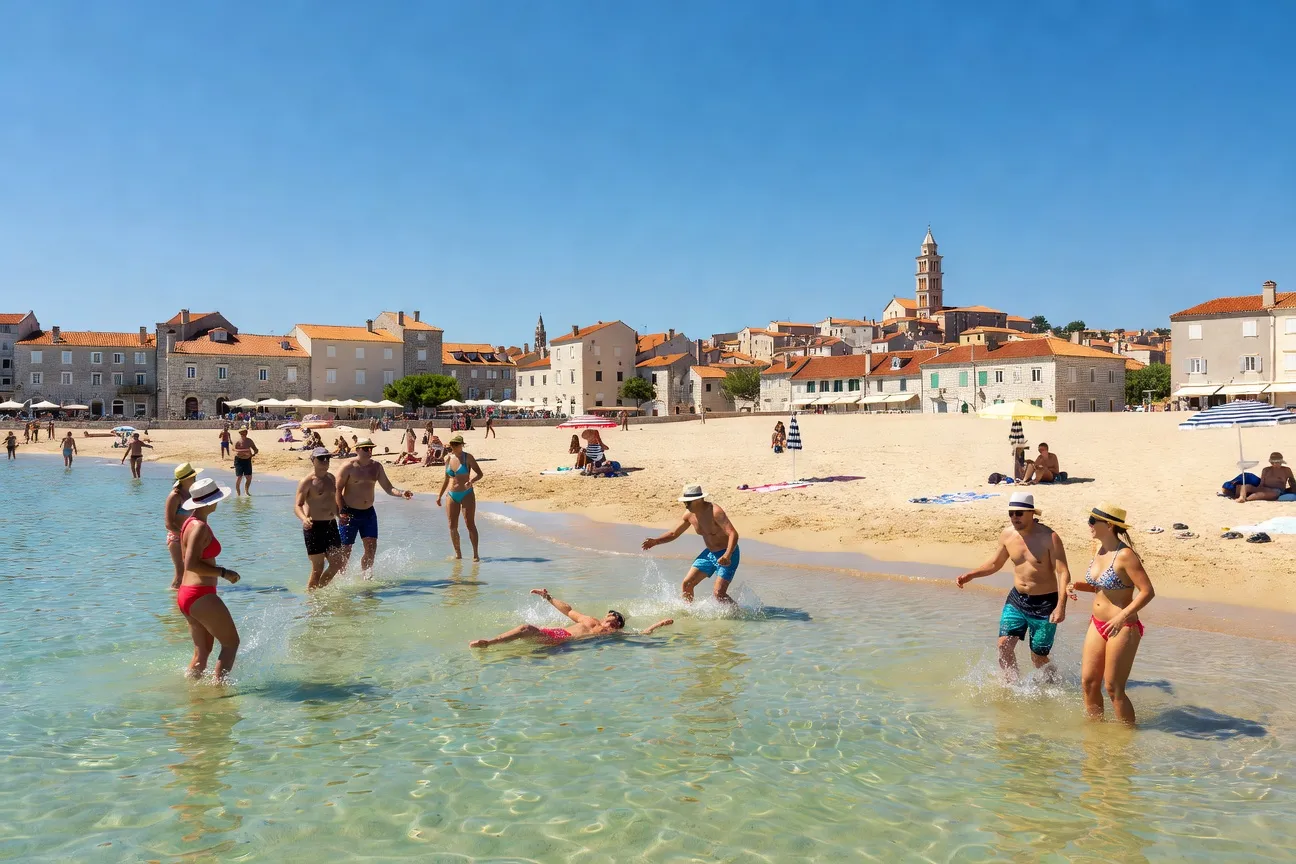 Plage de Bačvice à Split avec nageurs et joueurs de picigin en été