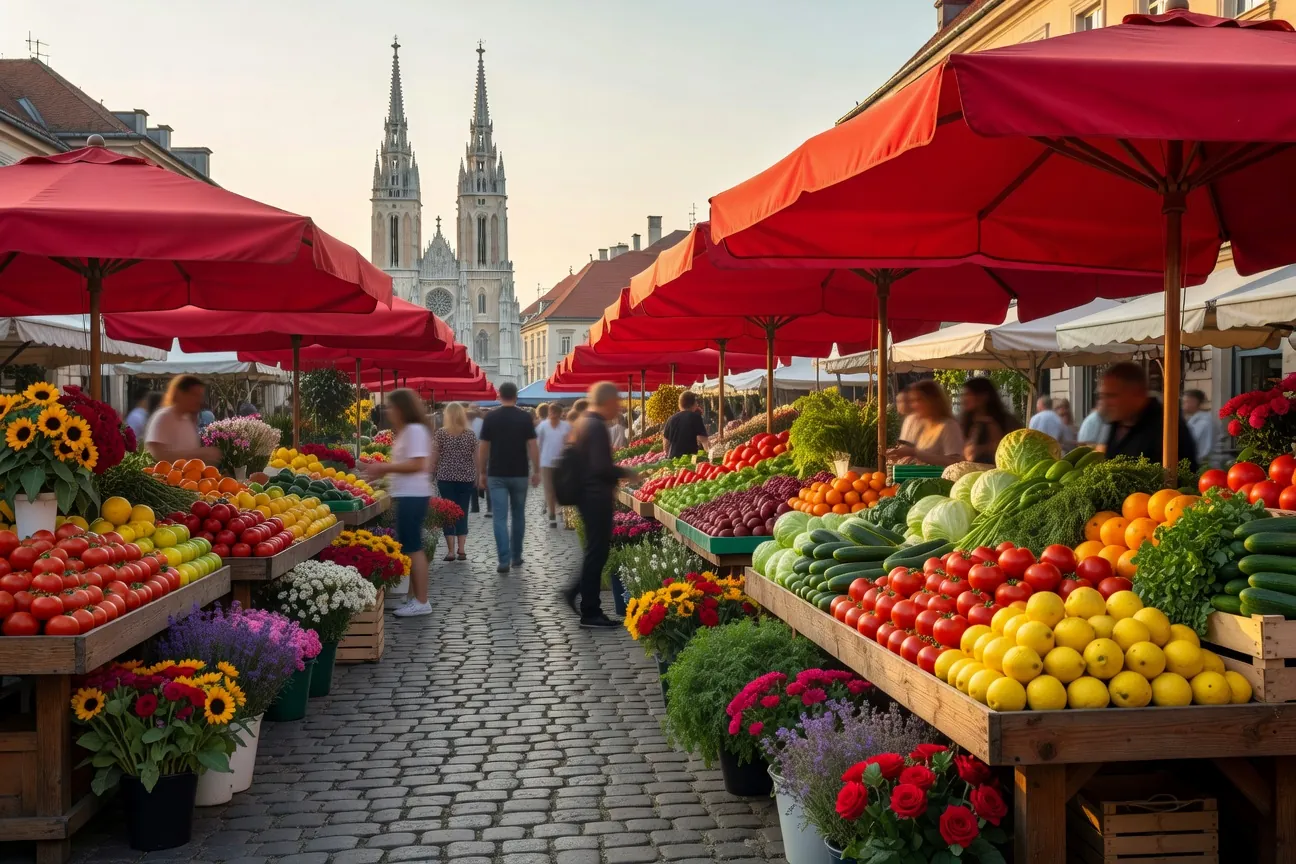 Marché Dolac de Zagreb avec ses parasols rouges et les vendeurs de fruits, ambiance matinale dans la capitale croate