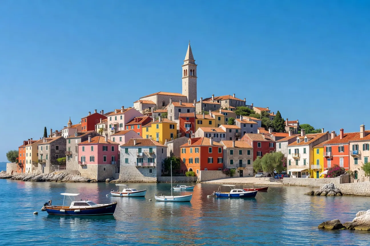 Vieille ville de Rovinj avec ses maisons colorées en bord d'Adriatique et le campanile