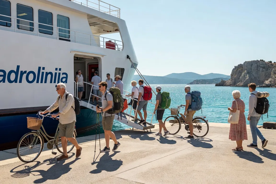 Passagers embarquant sur un ferry Jadrolinija avec vélos et sacs à dos