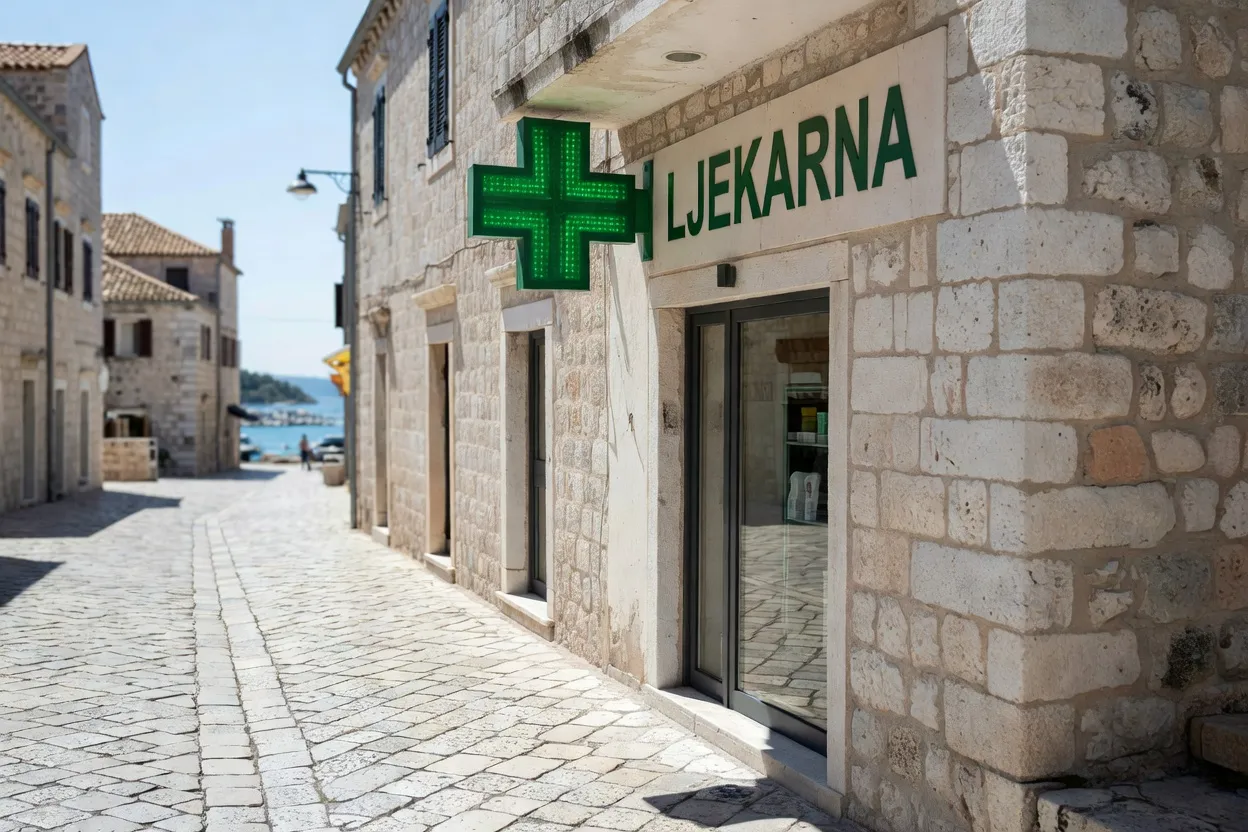 Façade de pharmacie croate (ljekarna) avec son enseigne caractéristique croix verte, rue de bord de mer en Dalmatie