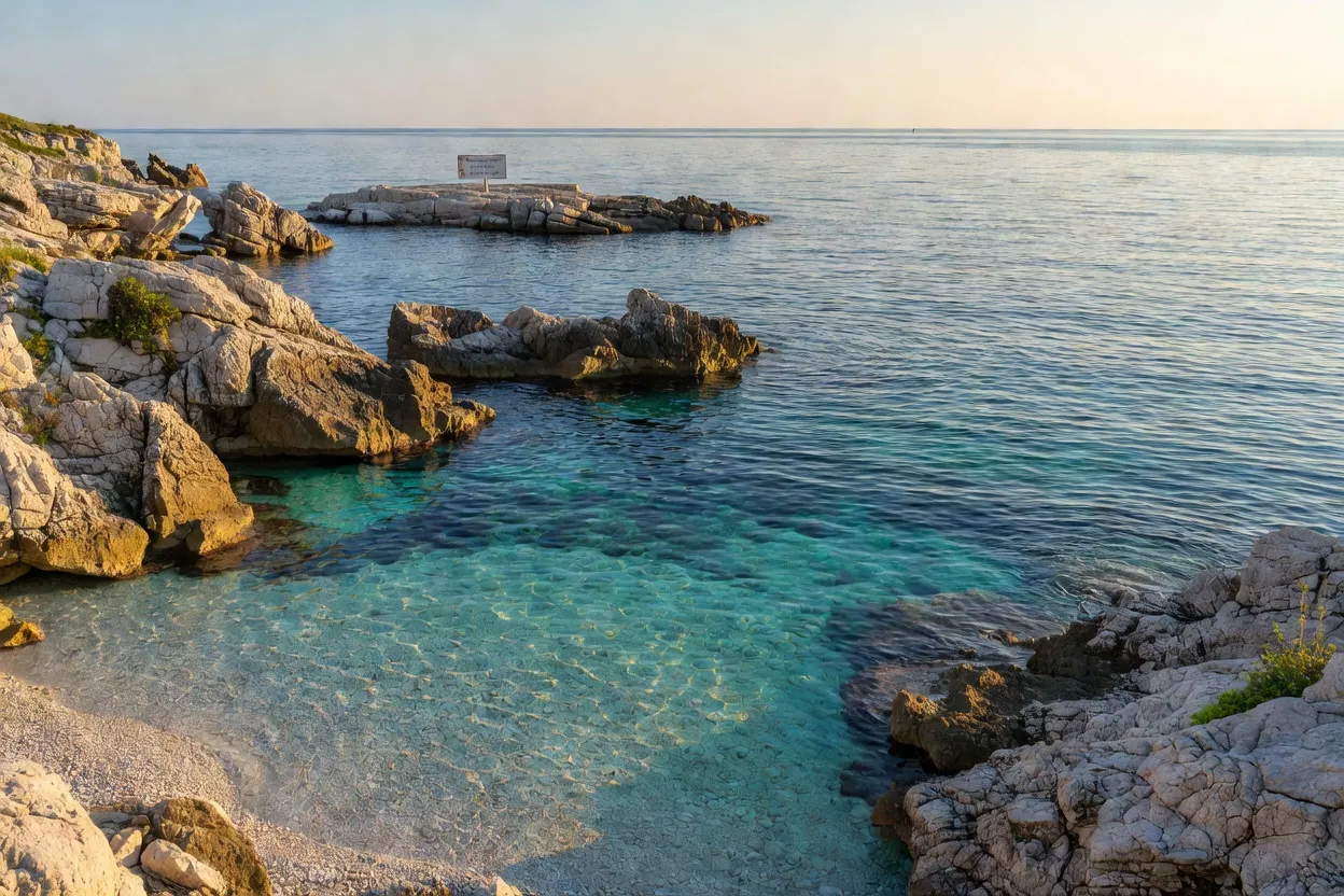Côte rocheuse adriatique aux eaux turquoise cristallines, ambiance sereine sans élément alarmiste