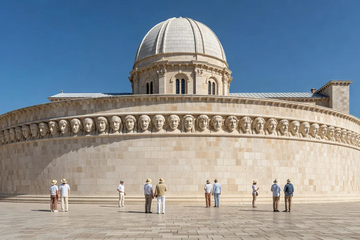 La cathédrale Saint-Jacques de Šibenik en pierre blonde avec sa frise de visages sculptés et des visiteurs sur le parvis